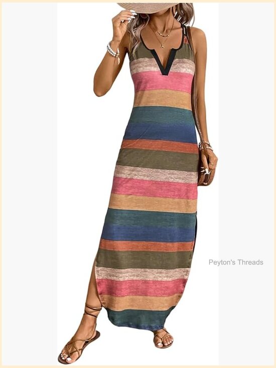 Dresses & Skirts - Striped Color Block Maxi Dress Notched V Neck Spaghetti Strap Split Cami Dress